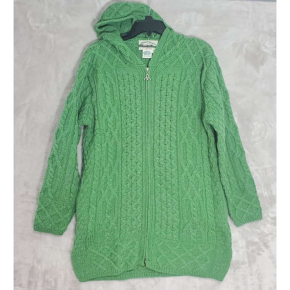 Arancrafts Sweater Womens S Merino Wool‎ Green Full Zip Hood Chunky Cable Knit